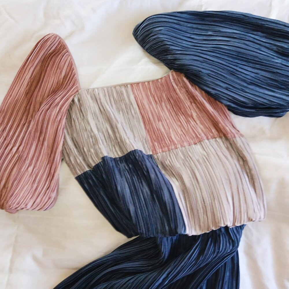 Pierre, you say? Pierre Labiche Micro Pleated Blouson Top/Skirt Ensemble